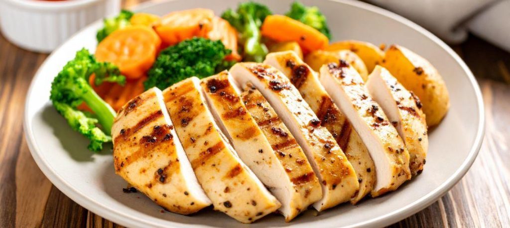 Frango grelhado com legumes ao vapor