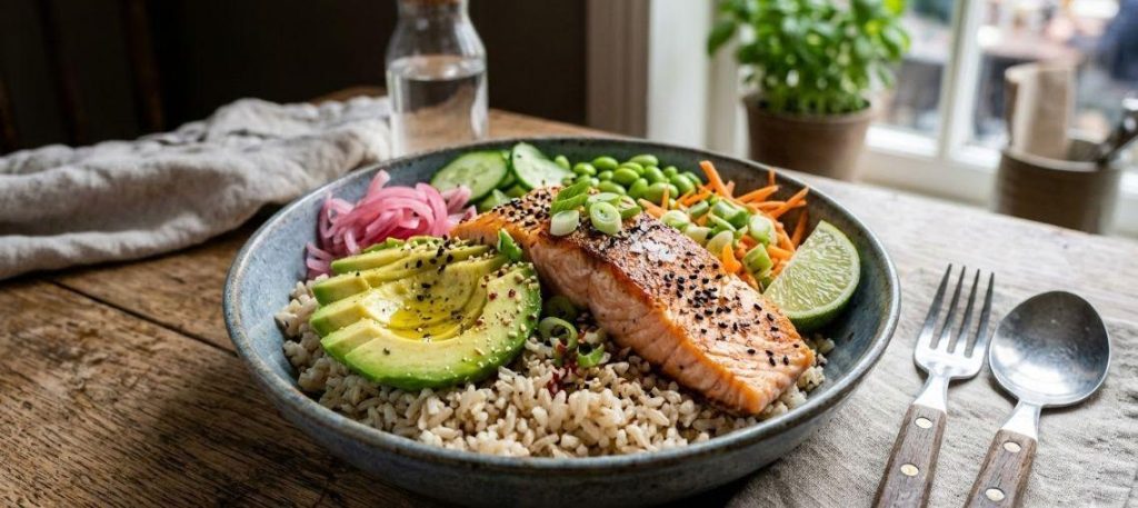 Bowl de arroz integral com salmão e avocado